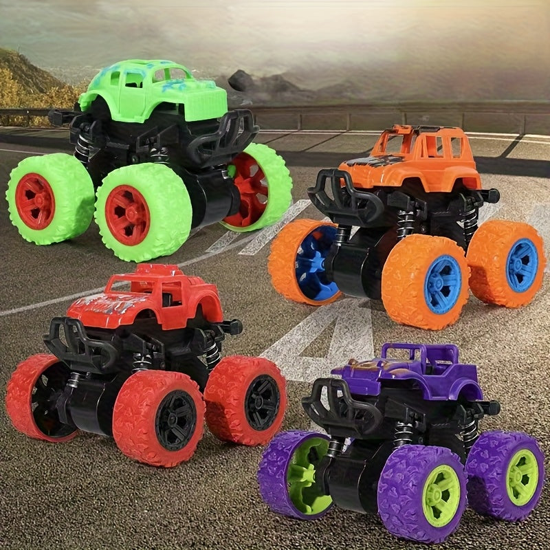 4pcs Friction-Powered Monster Trucks for Toddlers & Kids Ages 3+ - Push & Go Pull Back Inertia Cars with 360° Rotation, Double-Direction Drive, Durable Mini Vehicle Toy Set, Birthday Gift, Random Color