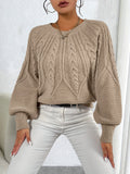 Women's Chunky Lantern Sleeve Sweater Crew Neck Textured Knit Pullover Cozy Fall Winter Sweater Khaki Apricot Black S-XXL