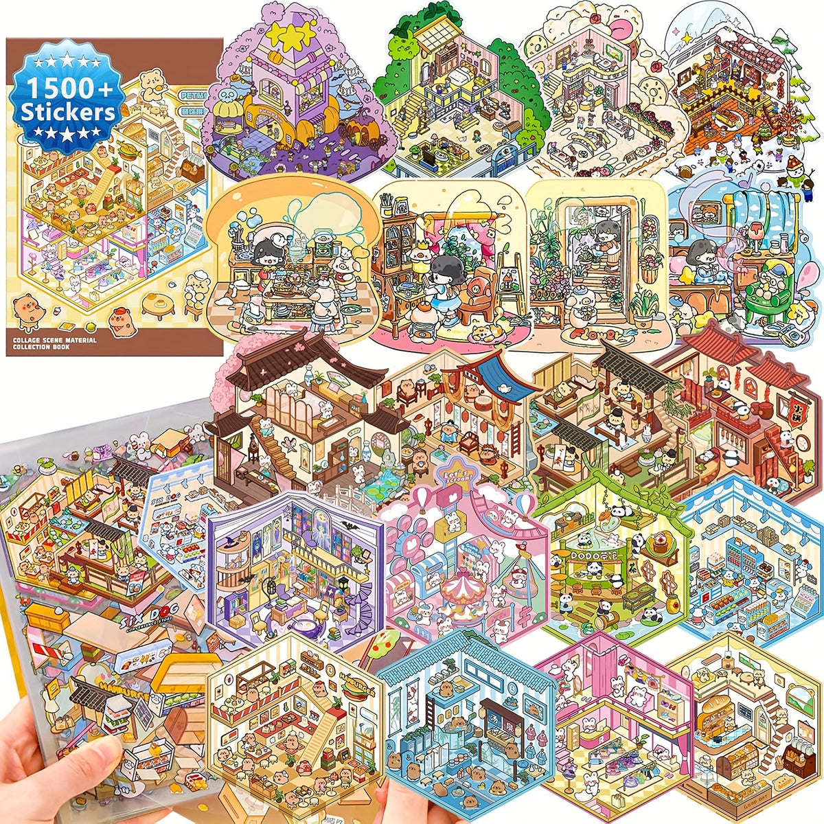 3D Scene Sticker Book for Kids 1500 Pieces - Creative Scrapbook Kit with 20 Scene Cards, 30 Material Types, Four Seasons Landscape Stickers, Educational Arts and Crafts Activity Set for Children
