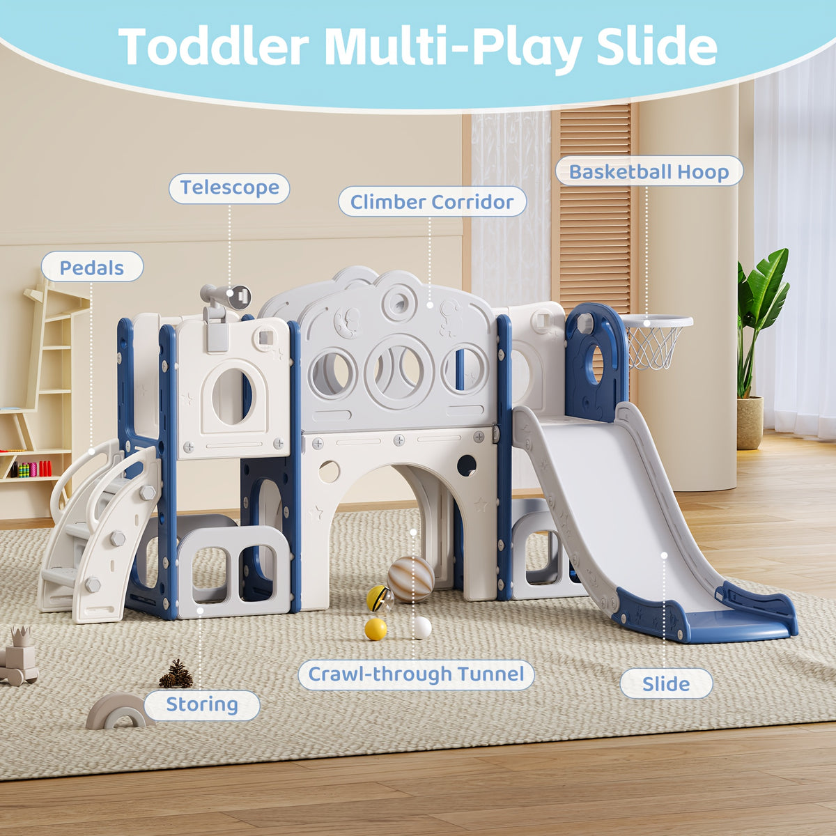 Toddler Kids Slide Outdoor Indoor Playset with Basketball Hoop and Telescope Backyard Playground Equipment for Baby Boys Girls Birthday Gift Grey White Orange Green