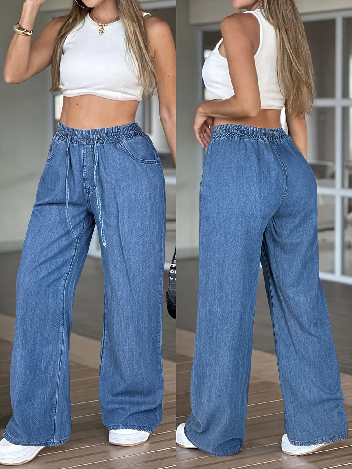 Women's High-Waisted Wide Leg Jeans – Loose Fit Drawstring Elastic Waist, Solid Light Blue, Lightweight All-Season Casual Straight Trousers, Sizes XS-XL, Everyday Comfort Denim