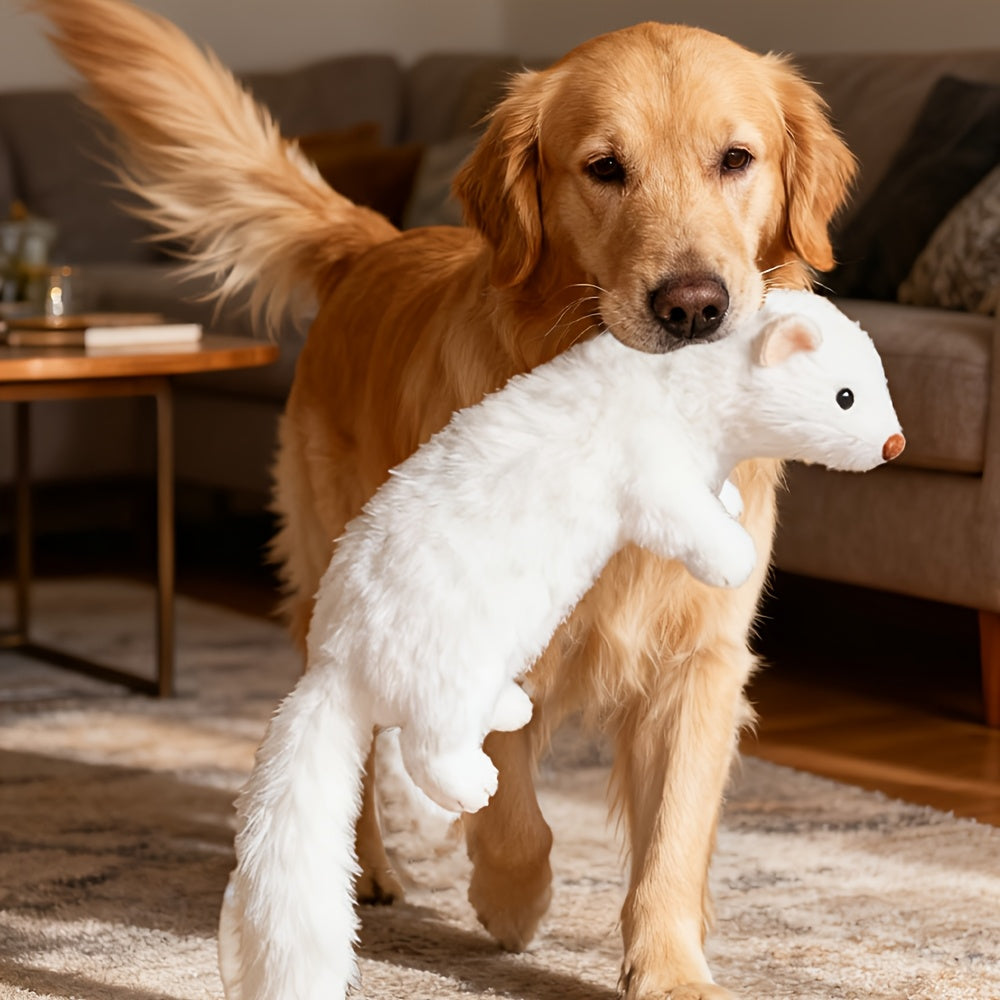 Squeaky Dog Chew Toy with Real Goose Feathers - Durable Non-Toxic Bite-Resistant Plush Squeaker Toy for Teething Puppies & Interactive Play, Fun Funny Ermine Design Dog Toy for Small & Medium Dogs