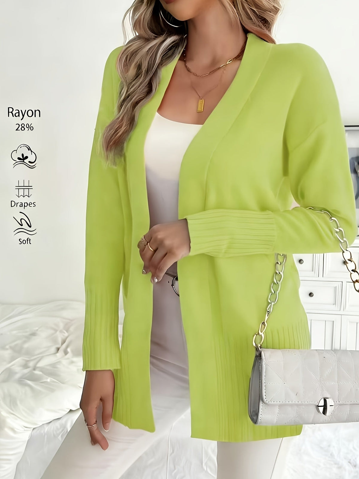 Women's V-Neck Drop Shoulder Long Cardigan Sweater – Loose Fit Soft Knit in 16 Colors for Autumn & Winter, 46% Acrylic 28% Viscose 26% Nylon