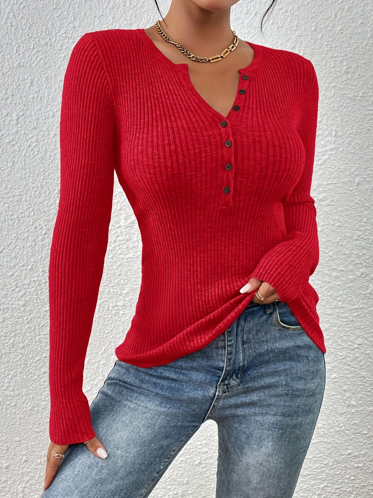 Henley Neck Half Button Ribbed Sweater Women Long Sleeve - Waist-Defining Knit Top, Fitted Base Layer, Versatile Fall Winter Pullover S M L XL