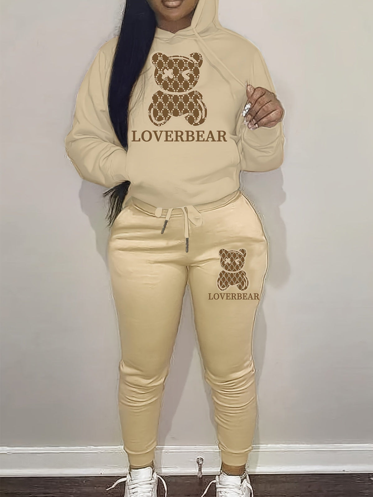 Cartoon Bear Print Two-piece Set Hoodie & Jogger Pants Women Tracksuit Drawstring Long Sleeve Sweatsuit Outfit S-XXL Multiple Colors