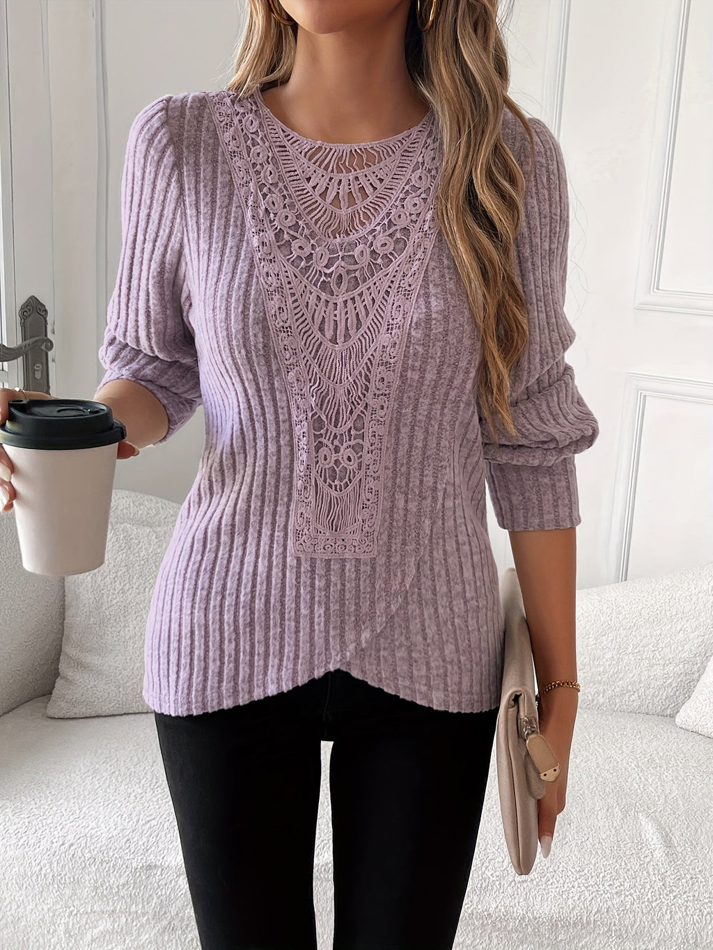Lace Trim Long Sleeve T-Shirt Women Round Neck Elegant Casual Tops Soft Lightweight Blouse Pink Grey Blue S-XXL US Warehouse