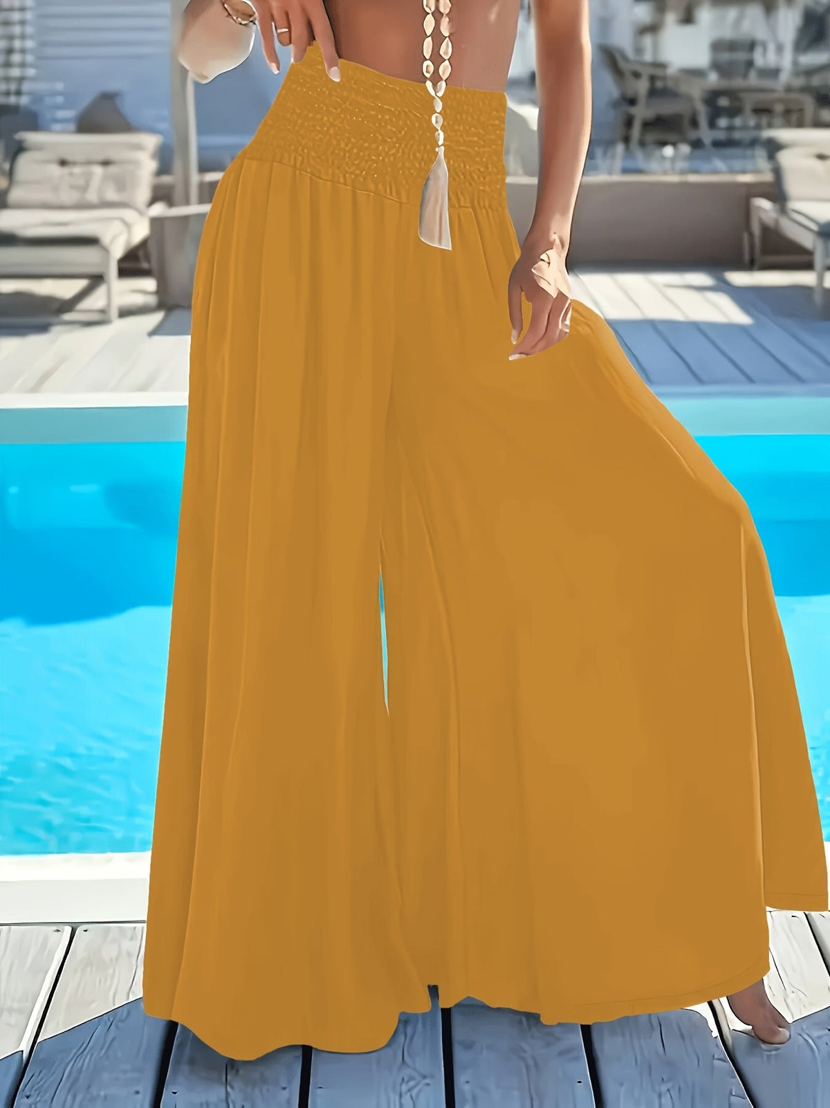 Women's Wide Leg Flare Pants Elastic Waist Loose Fit Vacation Casual Trousers Elegant Bottoms White Black Red Peacock Blue XS-XXL