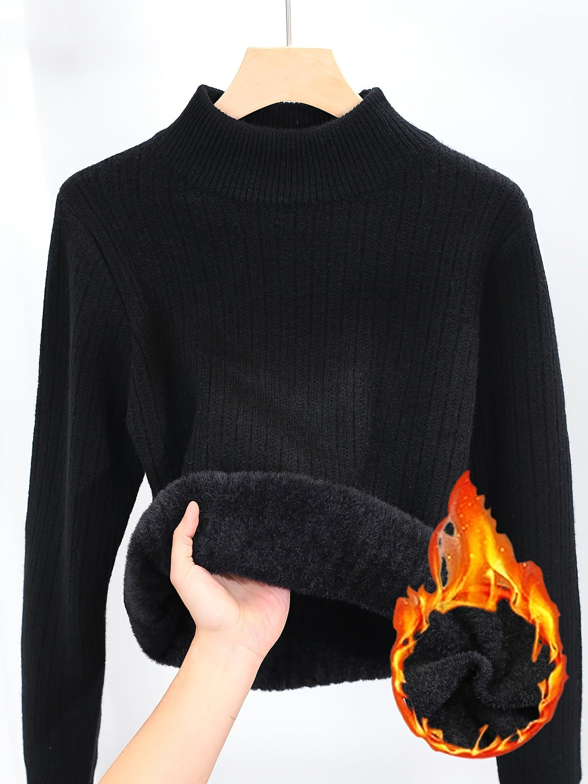 Women's Fleece Lined Turtleneck Sweater Thick Warm Pullover - Semi-High Neck Seamless Knit Sweater Fall Winter Inner Layer Top, 11 Colors S-XL
