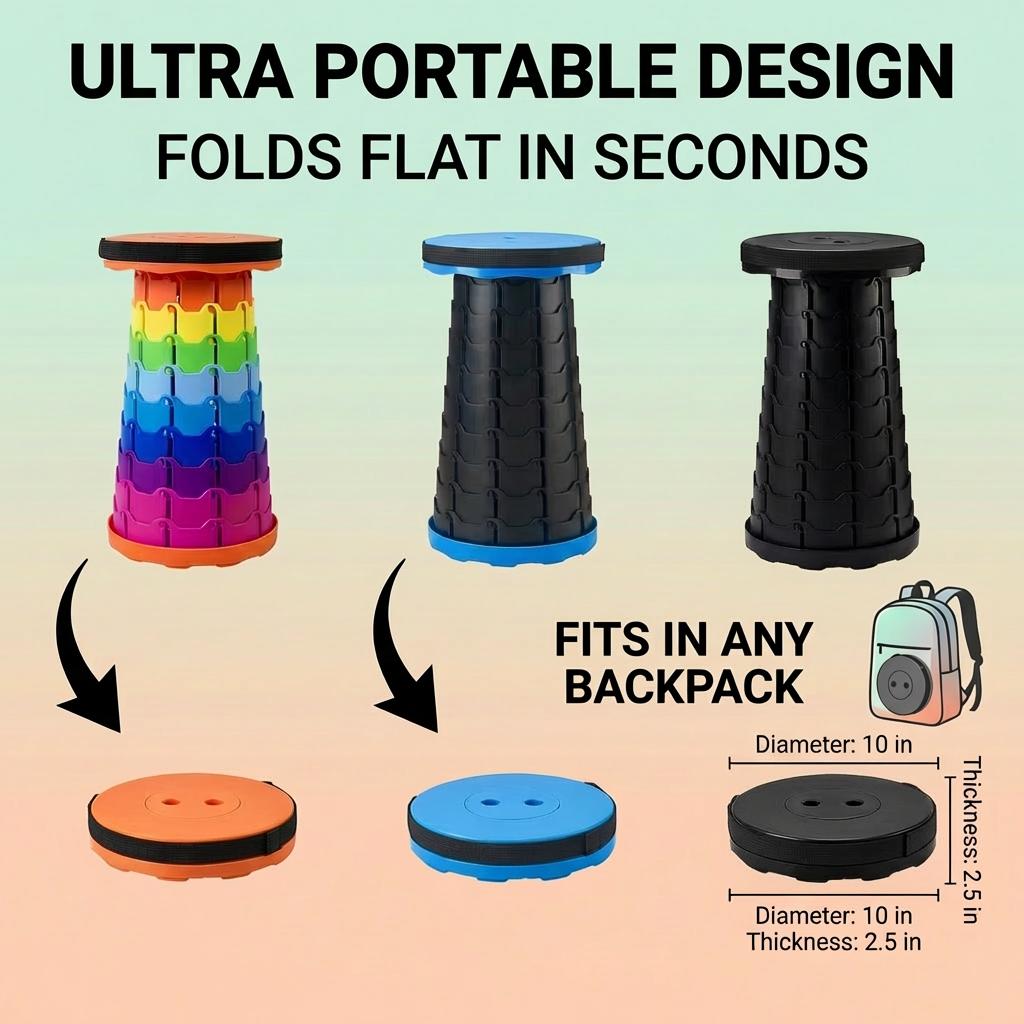 Collapsible Camping Stool 400 Lbs Capacity Ultra-Portable Lightweight Folding Seat - Folds Flat Fits in Backpack for Camping, Hiking, Fishing & Indoor Outdoor Use - Rainbow Option Available