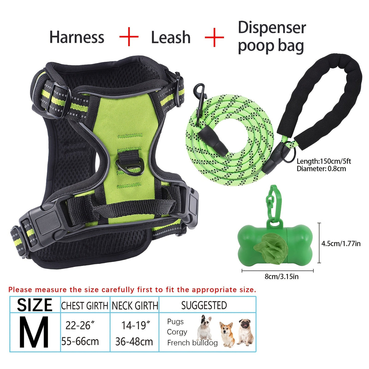 4-Piece Dog Harness and Leash Set No-Pull No-Choke Reflective Oxford Vest Harness with Leash Poop Bag Dispenser Easy Control Handle for Medium Large Dogs Outdoor Training Walking