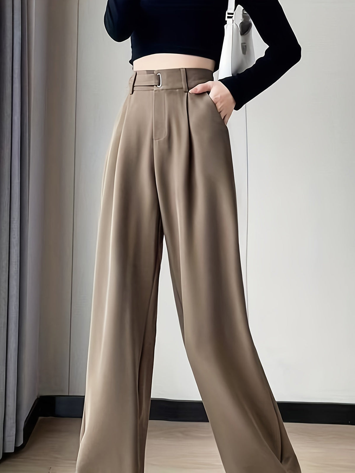 Women's High-Waist Wide-Leg Suit Pants Draped Straight-Leg Trousers Slim Fit Workwear Pants Belt-Free Office Casual Spring Summer Autumn Black Grey Apricot Champagne Wheat S-XXL