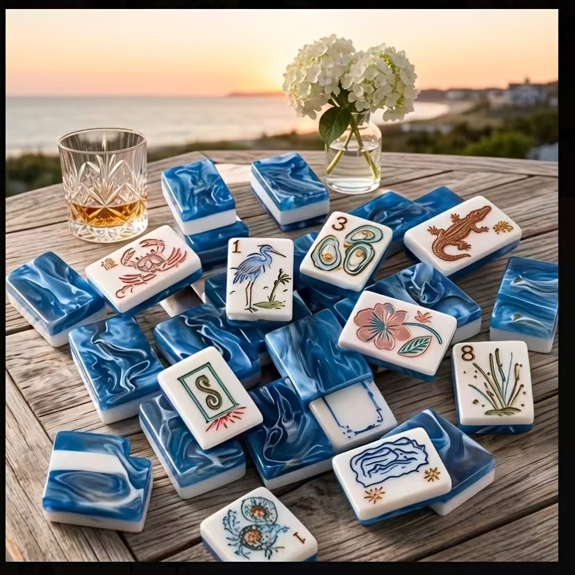 American Mahjong Set Ocean Marine Theme 166 Pieces with Carrying Case – Seashell Mermaid Turtle Whale Anchor Prints, White Tiles Bright Blue Back, Fun Beach Party Game for Ladies Night & Family Game Night