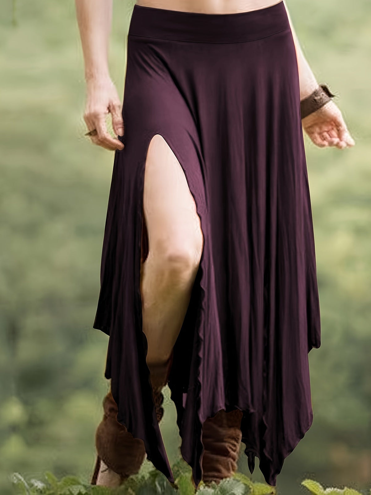 Women's Asymmetrical Hem Skirt - High Waist Drawstring Split Midi Skirt, Stretchy Knit 95% Polyester, Casual Vintage Style for Spring Summer