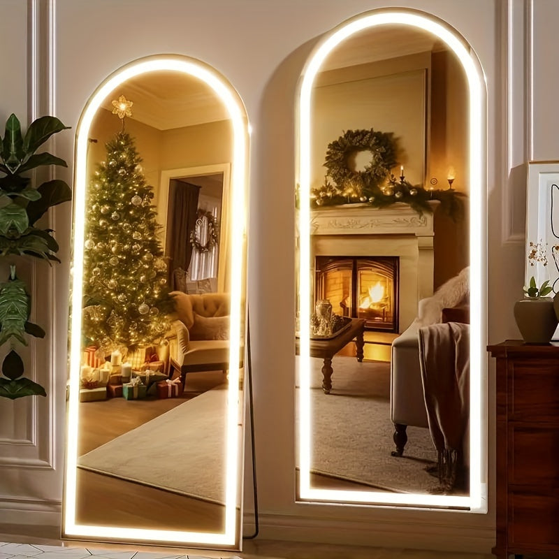 Full Length Floor Mirror with LED Lights - Arched & Rectangle Top, Aluminum Frame, 71" Standing Dressing Mirror for Bedroom & Living Room, Black Gold White, 5mm Tempered Glass