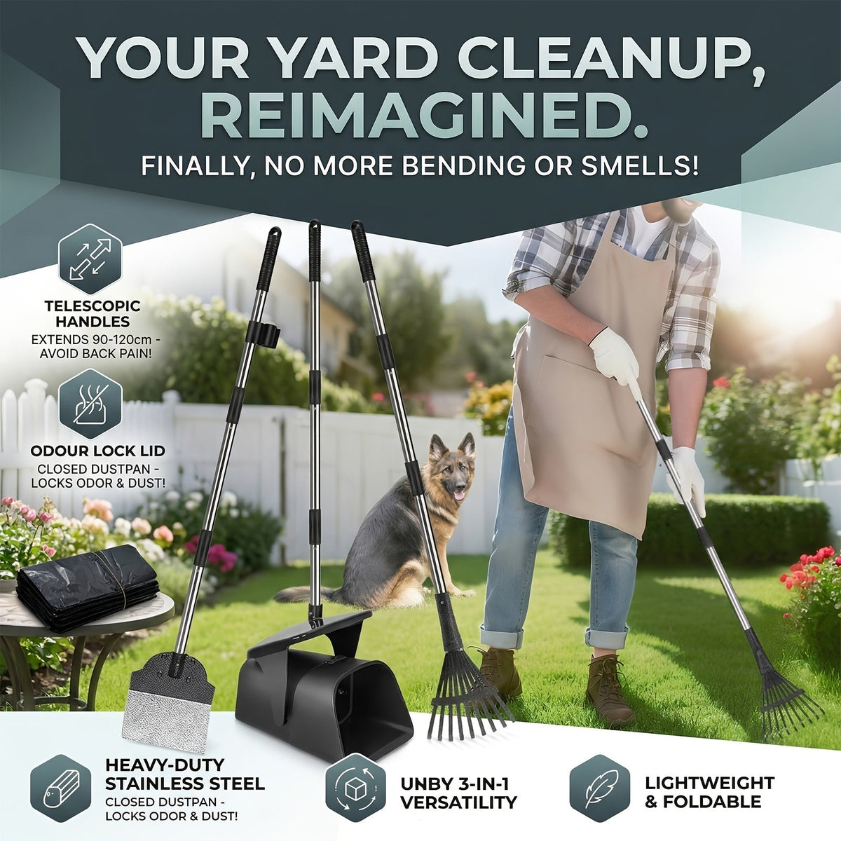 Dog Pooper Scooper Set Heavy Duty with Swivel Bin, Rake & Spade – Long Handle Pet Waste Removal Tool for Grass, Dirt & Gravel, Includes 40 Waste Bags, Great for Large Dogs
