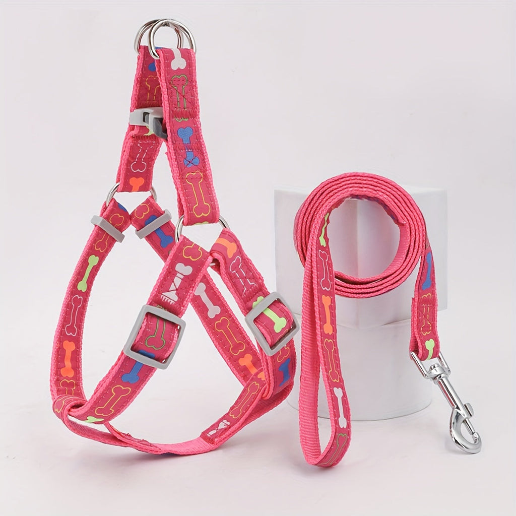 Dog Harness and Leash Set with Bone Pattern - No Pull Triangle Chest Back Vest Harness for Small Medium Large Dogs, Indoor Outdoor Walking, Pink Black Blue Grey, S M L