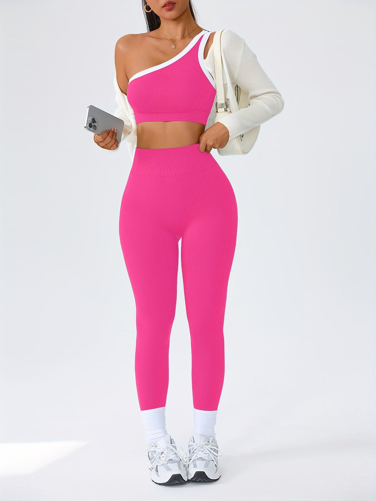 Women's 2-Piece High-Waisted Butt-Lifting Leggings & Sports Bra Set – 90% Polyamide Stretchy Minimalist Yoga Running Workout Outfit with Camisole Top, Solid Color, S-XL
