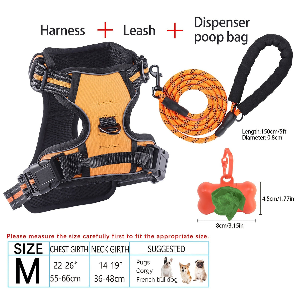 4-Piece Dog Harness and Leash Set No-Pull No-Choke Reflective Oxford Vest Harness with Leash Poop Bag Dispenser Easy Control Handle for Medium Large Dogs Outdoor Training Walking