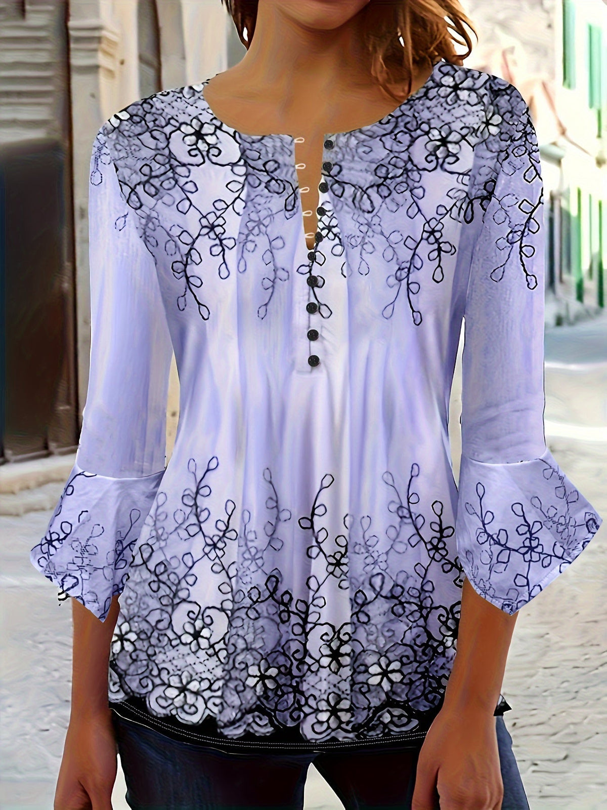 Floral Print Button-Front Blouse Women Ruffle Flare Sleeve Casual Tunic Top Soft Stretch Knit Fabric Spring Summer Fall S-XXL Machine Washable