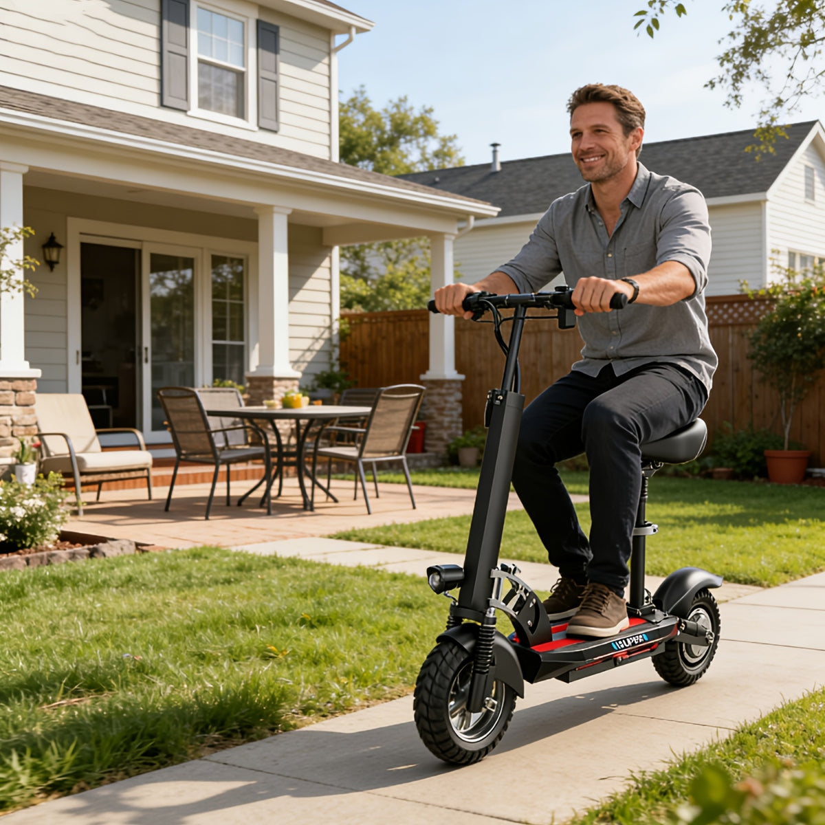 Adult Electric Scooter with Seat, 749W, Off-Road, 35 Miles Range – 48V 16.5Ah Battery, Removable Seat, 3-Speed Modes, Dual Disc Brakes, Multiple Shock Absorbers, Wide Deck Commuter E-Scooter Q5