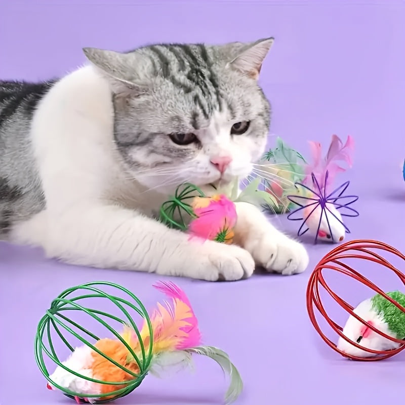 Cage Ball Cat Toys with Feathers & Tails – Wire Cage Interactive Toy Set for Cats, Colorful Fake Feather Rattling Ball Toys for Kittens, Durable Fabric Cat Enrichment Toys, No Battery, Multi-Pack Options