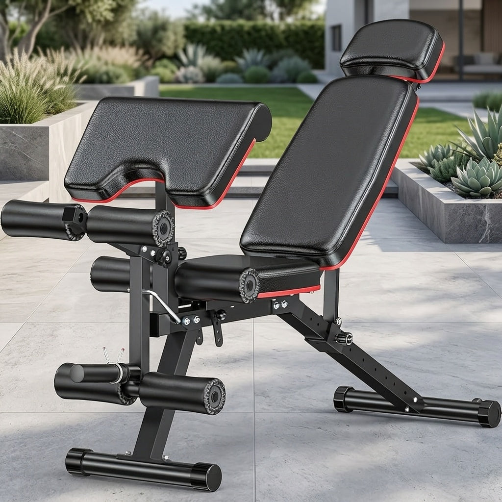 Foldable 6-in-1 Adjustable Weight Bench for Home Gym – 770 LBS Capacity, Flat Incline Decline, Resistance Bands, Preacher Curl Pad & Leg Developer, Full Body Strength Training Equipment