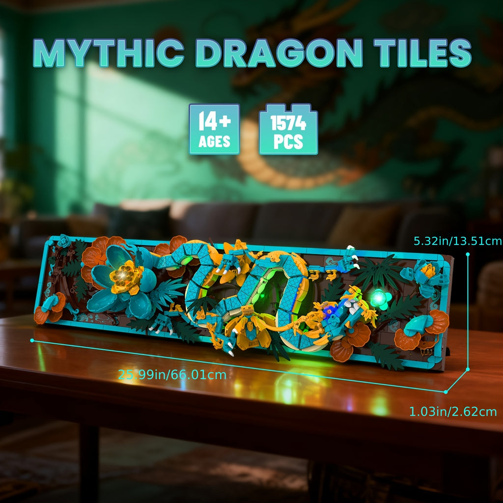 Dragon Wall Art Building Block Set 1574 Pieces LED Light Mythic Dragon Tile Frame Kit for Adults Teens Home Office Decor STEM Creative Gift Ages 14+