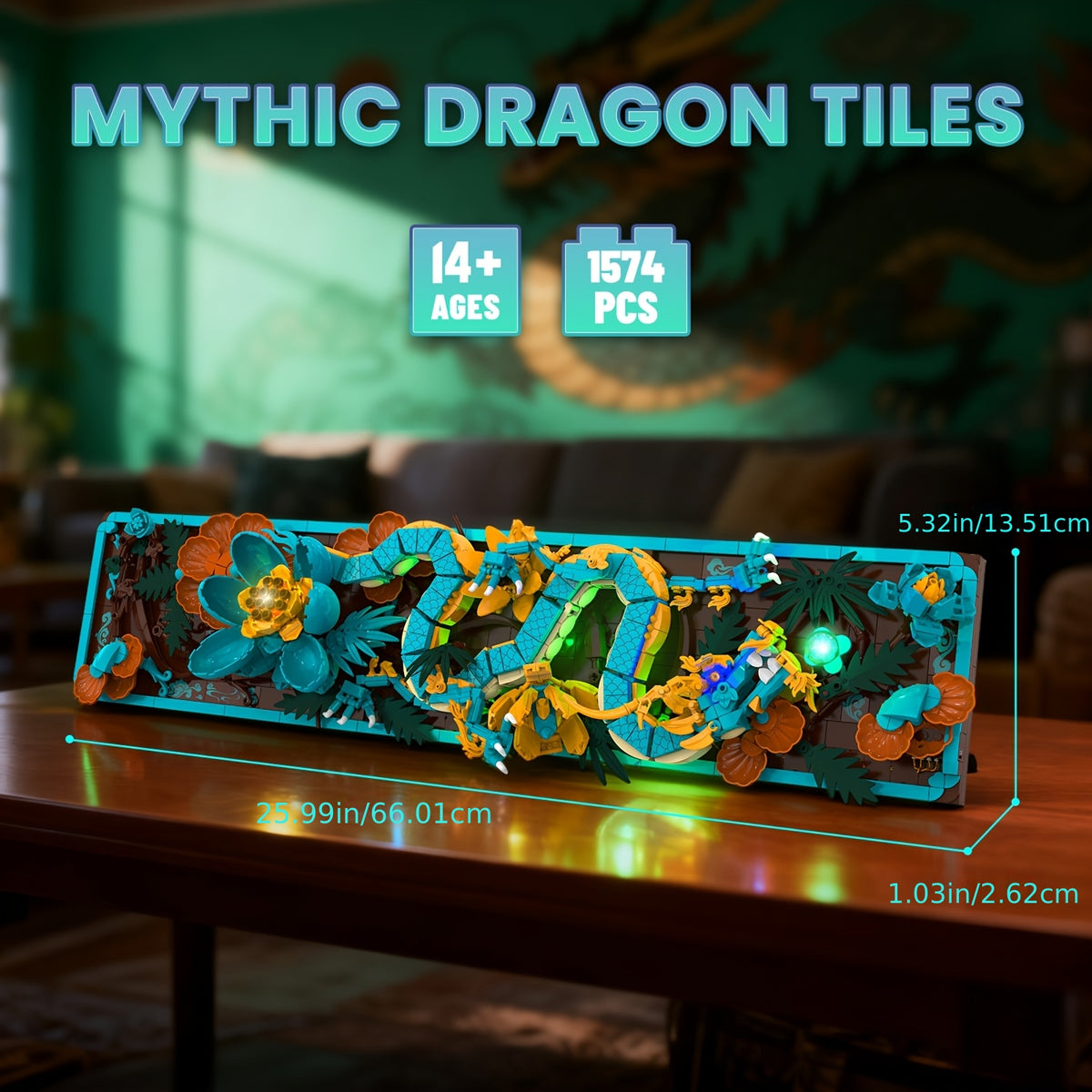 Dragon Wall Art Building Block Set 1574 Pieces LED Light Mythic Dragon Tile Frame Kit for Adults Teens Home Office Decor STEM Creative Gift Ages 14+