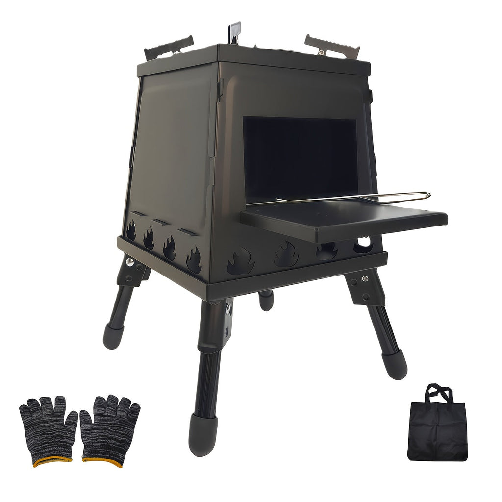 Heavy-Duty Wood Burning Camp Stove with Sturdy Legs & Air Vents – Portable Outdoor Campfire Stove for Hiking, Backpacking, Picnic & BBQ, Firewood Compatible, No Electricity Needed, Black or Boiler Set
