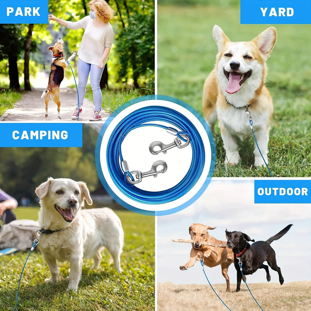 Dog Tie Out Cable for Yard – Heavy Duty Steel Wire Runner 10/15/20/30 FT with Durable Clips, Outside Dog Lead for Large Dogs Up to 165 lbs, Blue