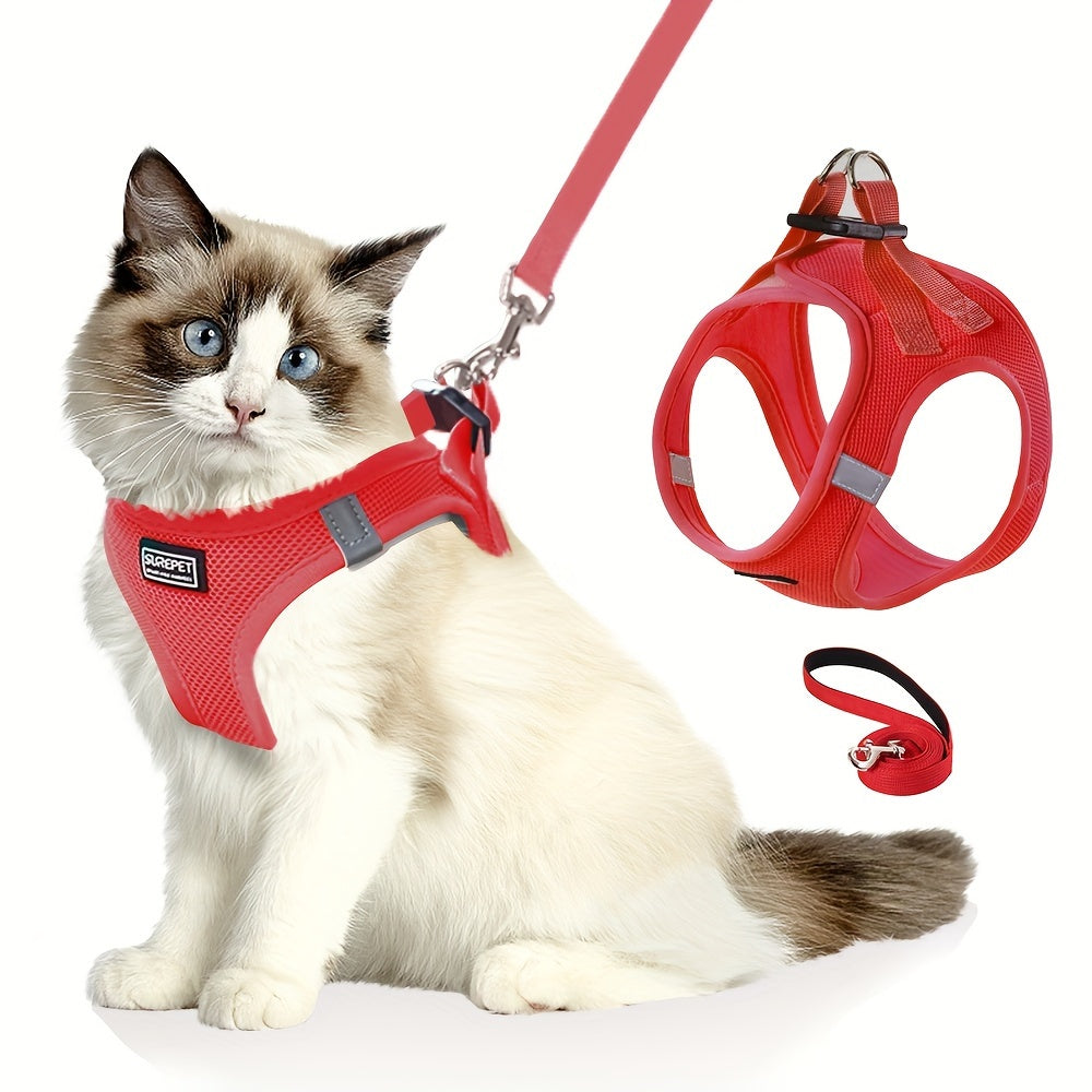 Cat Harness and Leash Set for Walking, Escape-Proof Adjustable Soft Cat Vest Harness with Reflective Strips - Comfortable Outdoor Cat Walking Jacket in 5 Colors & Sizes XS-XL