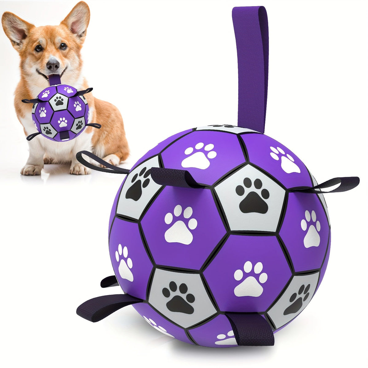 Dog Soccer Ball with Straps Interactive Training Toy - Durable Bouncy Fetch Ball Floats on Water, Indoor Outdoor Play for Small Medium Large Dogs, High-Energy Exercise Ball for All Breeds