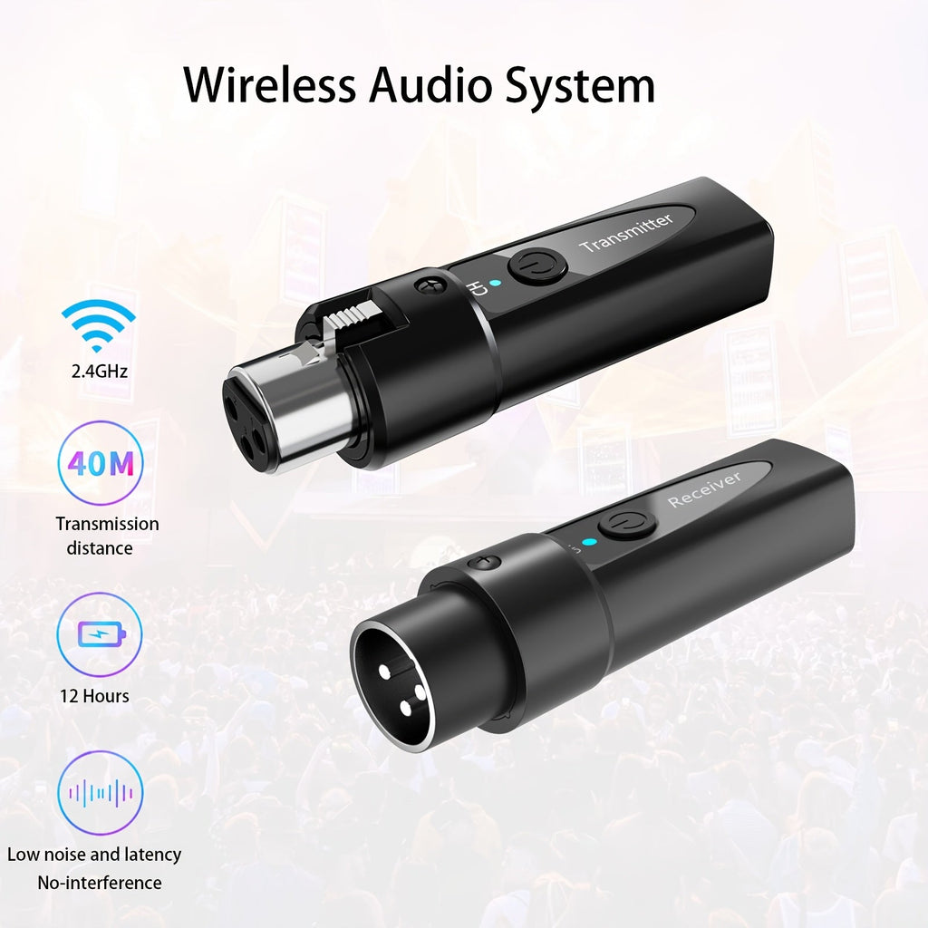 XLR Wireless Microphone System 2.4GHz – Rechargeable Plug & Play Wireless Mic Adapter with 30M Range, Low Latency, USB-C Charging for Dynamic Mics, Live Broadcasting & Guitar Audio