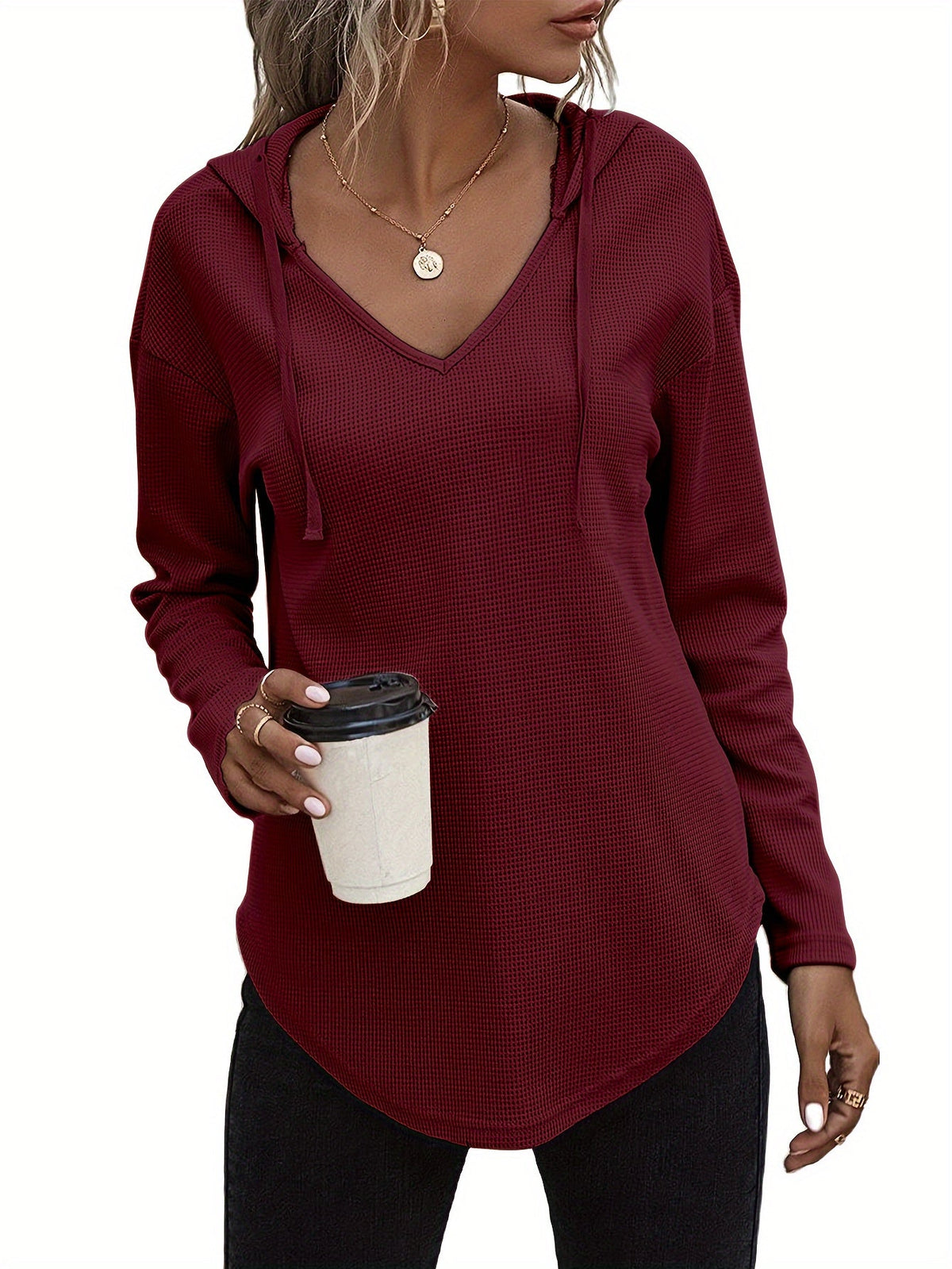 Women's Hanky Hem V-Neck Drawstring Hoodie Sweatshirt - Casual Long Sleeve Knit Hooded Pullover for Fall Winter