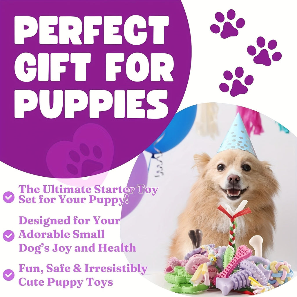 Soft Rubber Dog Chew Toys 6pcs – Teething Toys for Small Dogs, Interactive Teeth Cleaning Chew Set, 4 Colors: Purple, Green, Blue, Pink