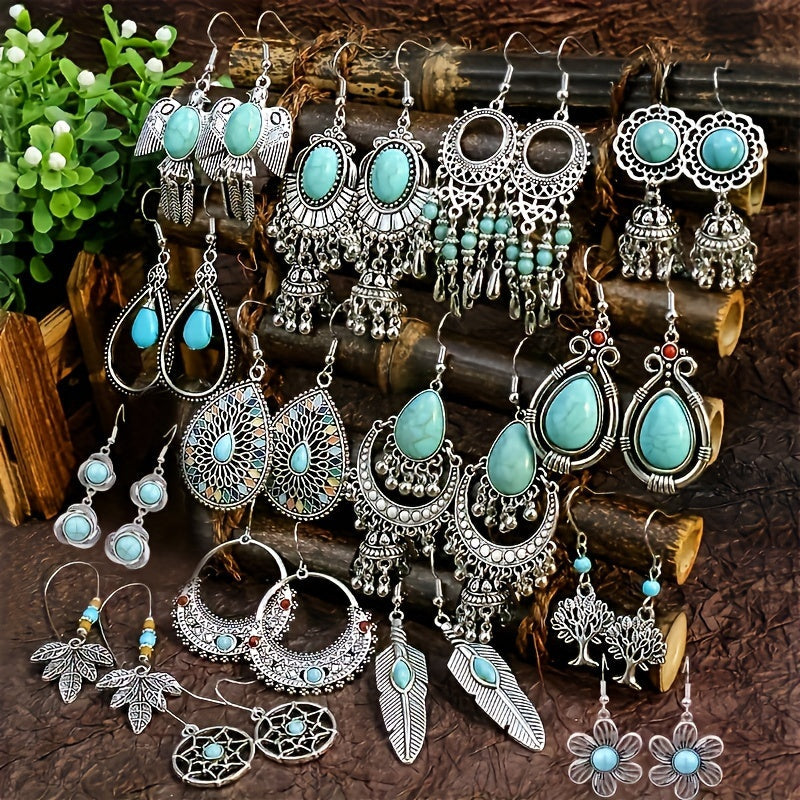 15 Pairs Bohemian Earrings Set for Women – Acrylic Turquoise Dangle Drop Earrings Ethnic Vintage Style Boho Jewelry Gift Set for Girls Ladies Party Daily Wear