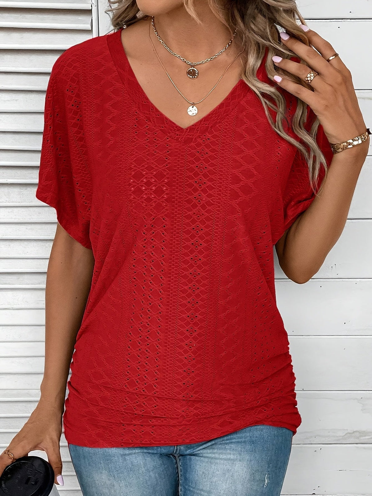 Women's V-Neck Ruffle Short Sleeve Top Casual Summer Blouse Solid Color Micro Stretch Knit Dark Cyan Black Pink Yellow Purple Red Rose Red S-XXL