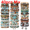 40pcs Boho Handmade Wooden & Turquoise Stone Bead Bracelet Set – Mixed Colors, Zinc Alloy Pendant, Vintage Style Stackable Bracelets for Women Men, Couple & Party Gift