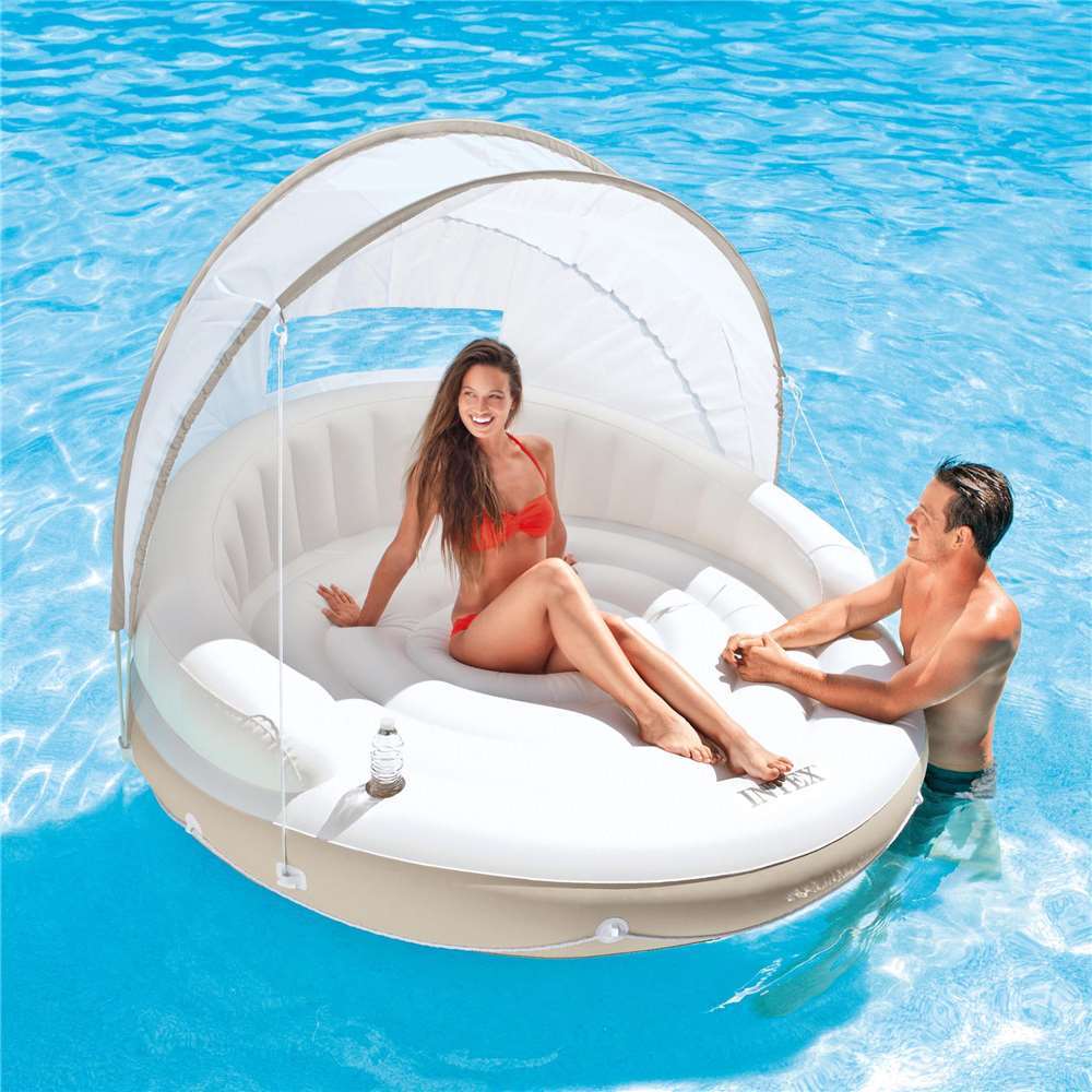 Inflatable Pool Float with Canopy Sunshade 78.5"x59", INTEX Canopy Island Lounge Raft with Built-In Cup Holders & Detachable Sun Shade - 440LB Capacity Adult Pool Float for Lake, River & Backyard Pool