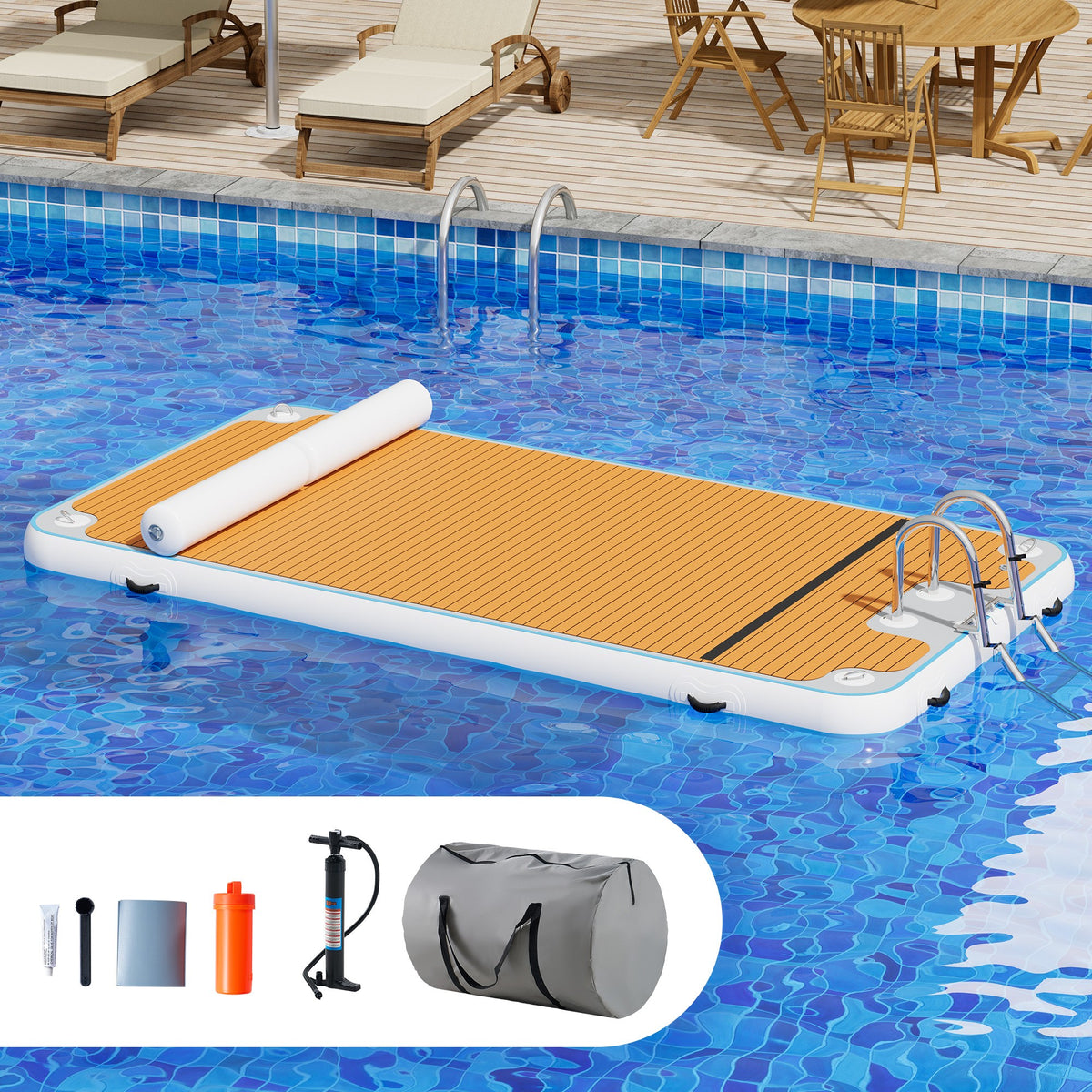 Inflatable Floating Dock Platform for Lake – Modular 12FT×6FT Drop Stitch PVC Swim Platform with D-Rings, Rope Ladder & Hand Pump, Non-Slip Water Mat for Adults & Kids