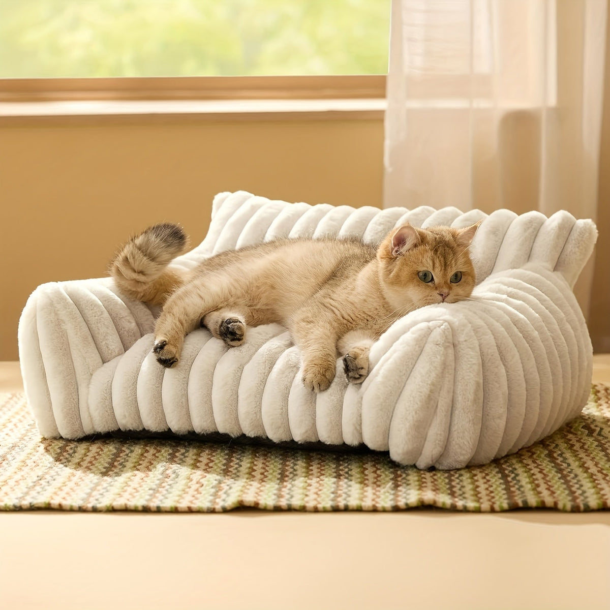 Cat Couch Sofa Bed for Indoor Cats - Fluffy Calming Cat Bed with Premium Soft Corduroy Fleece Cover, Non-Collapse Support Frame, Cozy Fuzzy Pet Sofa Lounge for Cats and Small Dogs