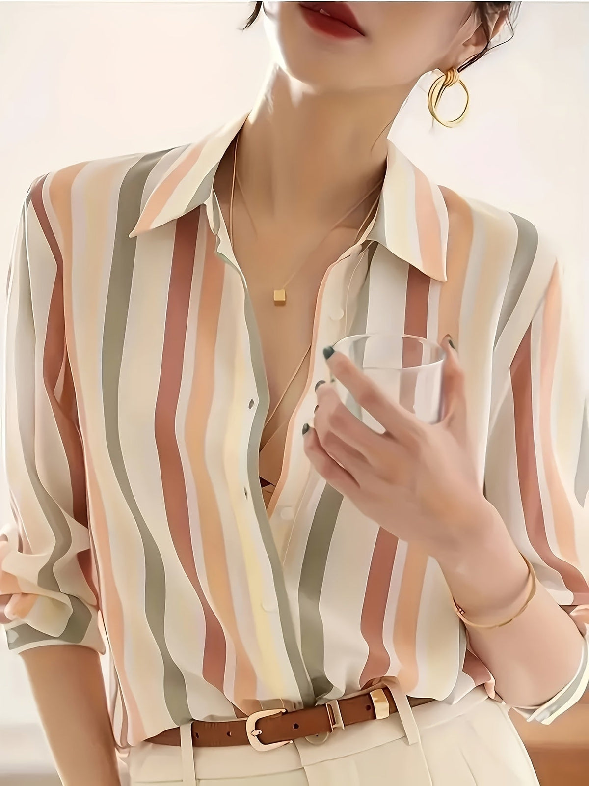 Women's Casual Striped Button-Up Shirt | Classic Lapel Long Sleeve Top for Spring Summer Autumn | Elegant Fashion Blouse for Women | Versatile Casual & Office Wear Clothing