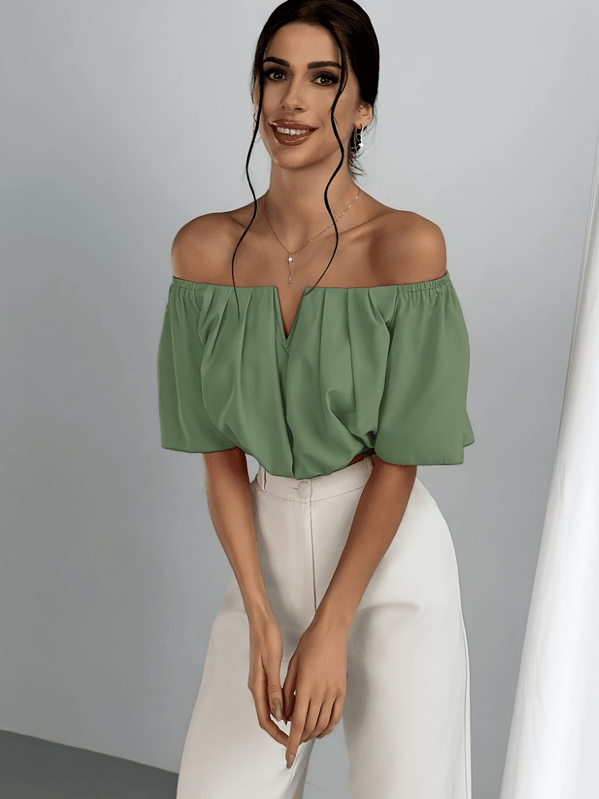 Off Shoulder V-Neck Blouse Women Short Sleeve Solid Color Sexy Summer Top | Vacation Party Casual Wear Multiple Colors XS-L