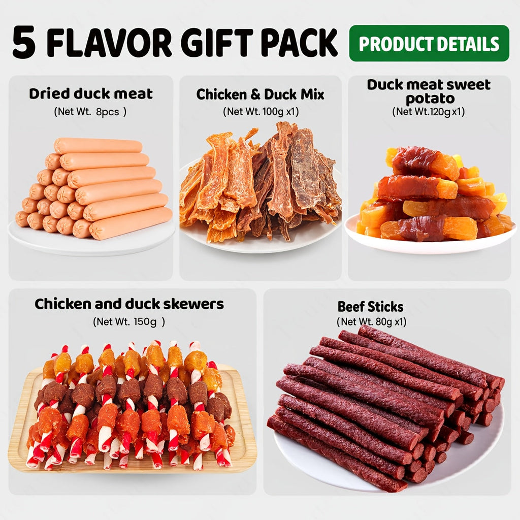 Mixed Dog Treats Combo Pack – Chicken Jerky, Duck Jerky, Beef Strips & Meat Skewers, Chewy Training Reward Snacks for Puppies & Adult Dogs, All Breeds Small Medium Large, Daily Dog Treats