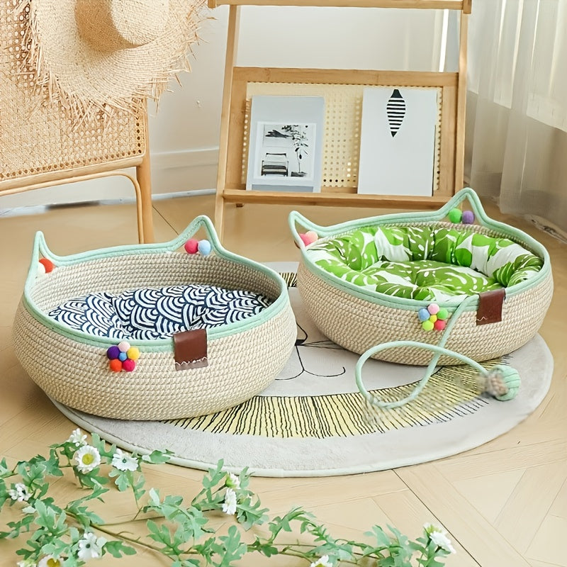 2-in-1 Cat Scratching Board & Bed Combo with Ball Toy – Durable Reusable Cardboard Scratcher Mat, Space-Saving Natural Style Cat Furniture for Indoor Cats, Small Dogs & Multi-Pet Households