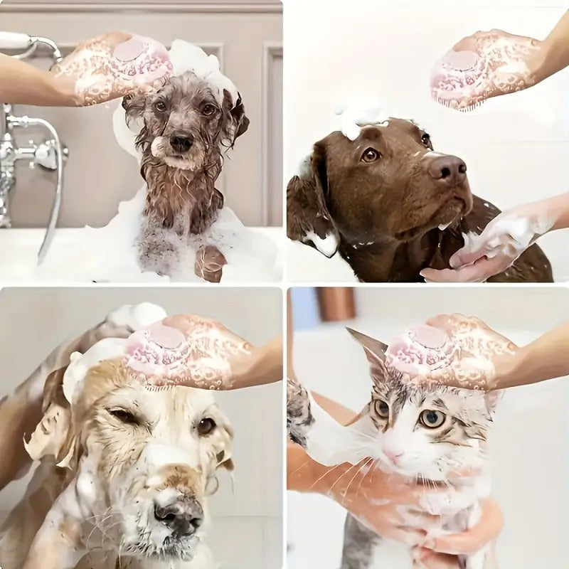 Pet Shower Bath Brush with Tick Removal Tool - Soft Massage Bristles, Ergonomic Handle & Removable Lid for Easy Cleaning, Universal Cat & Dog Bath Brush for Small to Medium Pets, Grooming Shampoo Brush for Washing & Bathing