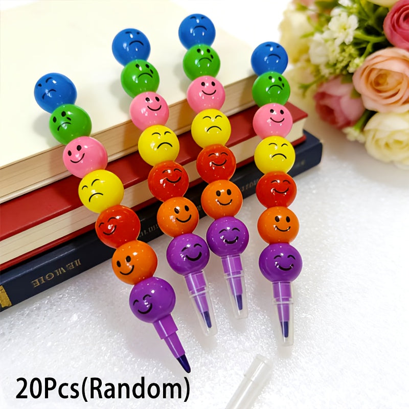 20pcs Cartoon Smiley Face Crayons for Kids - Cute Candy Gourd Shape Crayon Set for Students, Children Painting Art Supplies, School Stationery Gift, Birthday Christmas Halloween Party Favor, Random Colors