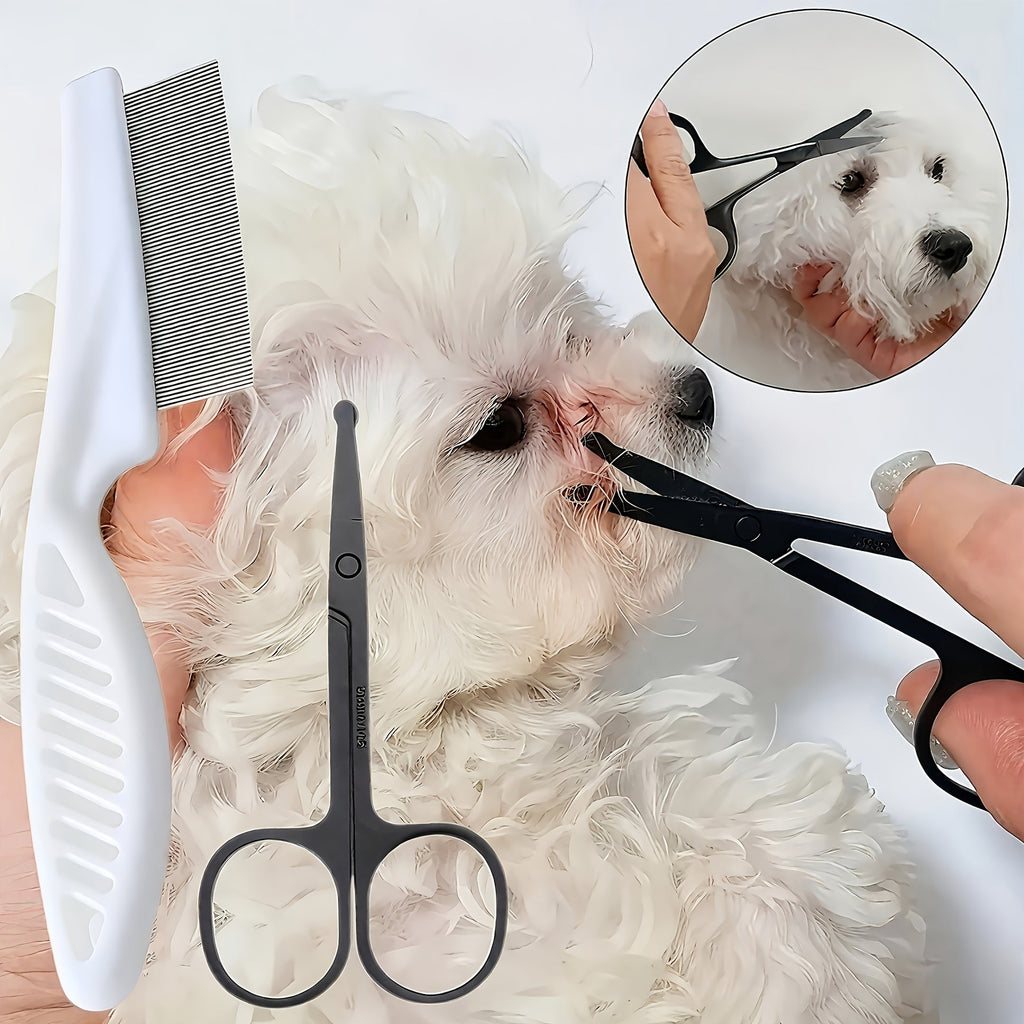 Pet Grooming Kit with Safety Scissors and Face Towel - 2-Piece Rounded-Tip Grooming Set for Cats and Dogs, Removes Tear Stains and Fur Knots, Safe Eye Area Trimming Tool for Pet Care