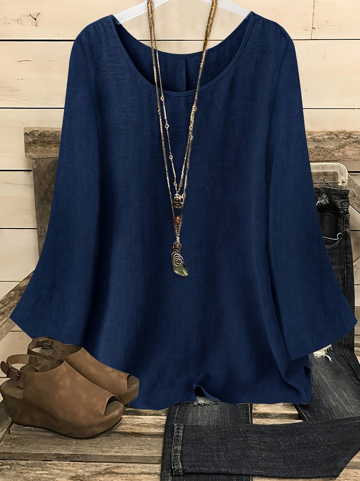 Women's Flared Long Sleeve Crew Neck Solid Shirt Casual Western Blouse Top S-XXL Multiple Colors