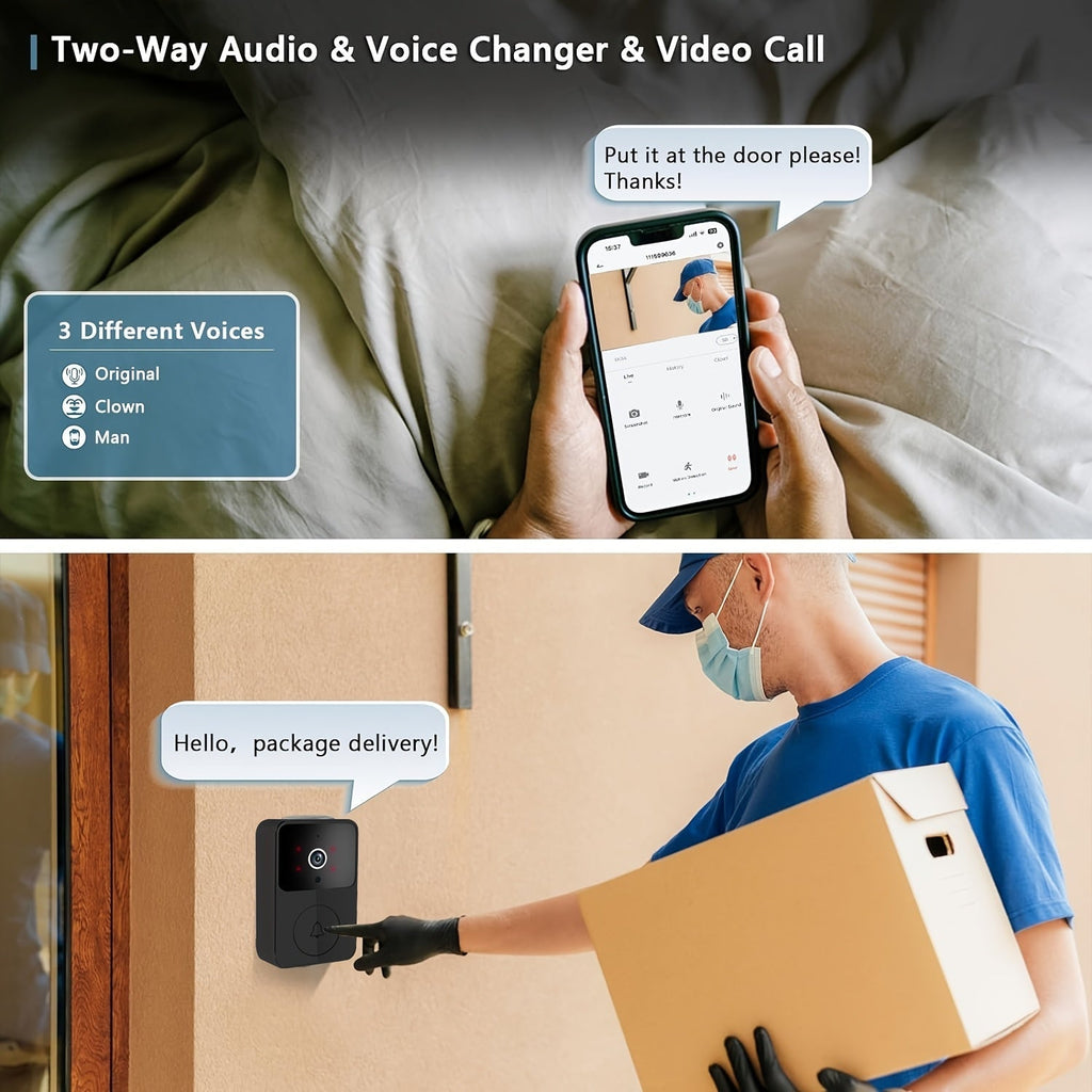 Wireless Video Doorbell Camera with HD Night Vision, Motion Alerts & Two-Way Audio – Smart WiFi Doorbell, Remote Mobile View, Voice Changer, Rechargeable Battery, 2.4GHz, Home Security
